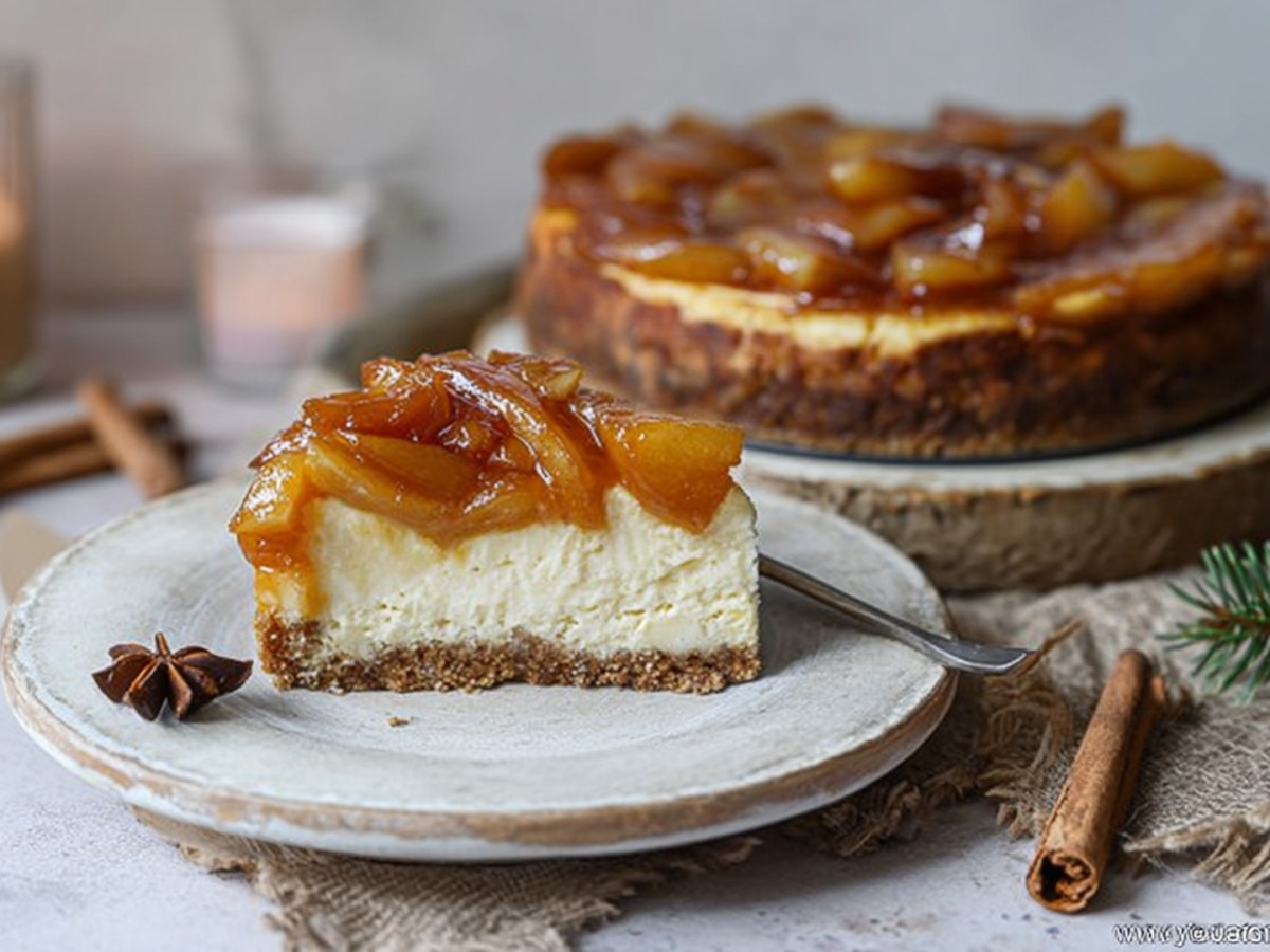 Ein Stück Bratapfel-Cheesecake, das auf einem Kuchenteller liegt. Daneben liegt ein Sternanis. Im Hintergrund kann man einen ganzen Bratapfel-Cheesecake erkennen. Ringsum liegen einige Tannenzweige, Zimtstangen und Kerzen. Weihnachtliches, gemütliches Ambiente.