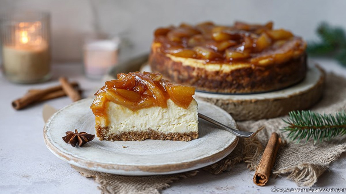 Ein Stück Bratapfel-Cheesecake, das auf einem Kuchenteller liegt. Daneben liegt ein Sternanis. Im Hintergrund kann man einen ganzen Bratapfel-Cheesecake erkennen. Ringsum liegen einige Tannenzweige, Zimtstangen und Kerzen. Weihnachtliches, gemütliches Ambiente.