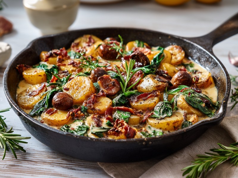 Eine Bratkartoffel-Maronen-Pfanne, die in einer gusseisernen Pfanne serviert wird. Ringsum liegen Rosmarinzweige und Knoblauchzehen verteilt.