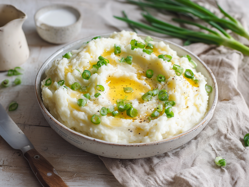 Ein Teller mit Champ auf einem grauen Tisch. Er steht halb auf einem beigen Tuch und ist mit Frühlingszwiebeln sowie geschmolzener Butter garniert. Rechts daneben liegt eine Frühlingszwiebel. Dahinter steht ein kleines Kännchen und eine Schale mit Milch.