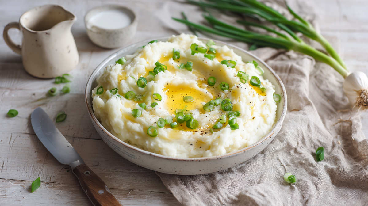 Ein Teller mit Champ auf einem grauen Tisch. Er steht halb auf einem beigen Tuch und ist mit Frühlingszwiebeln sowie geschmolzener Butter garniert. Rechts daneben liegt eine Frühlingszwiebel. Dahinter steht ein kleines Kännchen und eine Schale mit Milch.