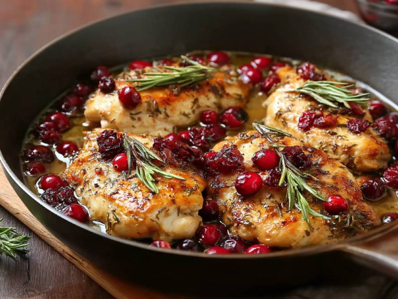 Cranberry-Hähnchenpfanne auf einem Tisch, frischer Rosmarinzweig daneben