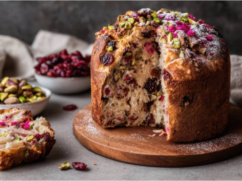 Eine angeschnittene Cranberry-Pistazien-Panettone auf einem Tisch