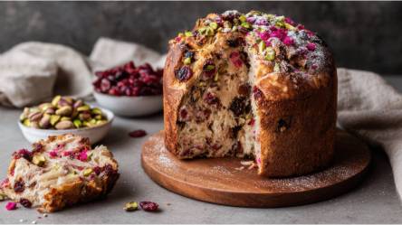 Eine angeschnittene Cranberry-Pistazien-Panettone auf einem Tisch