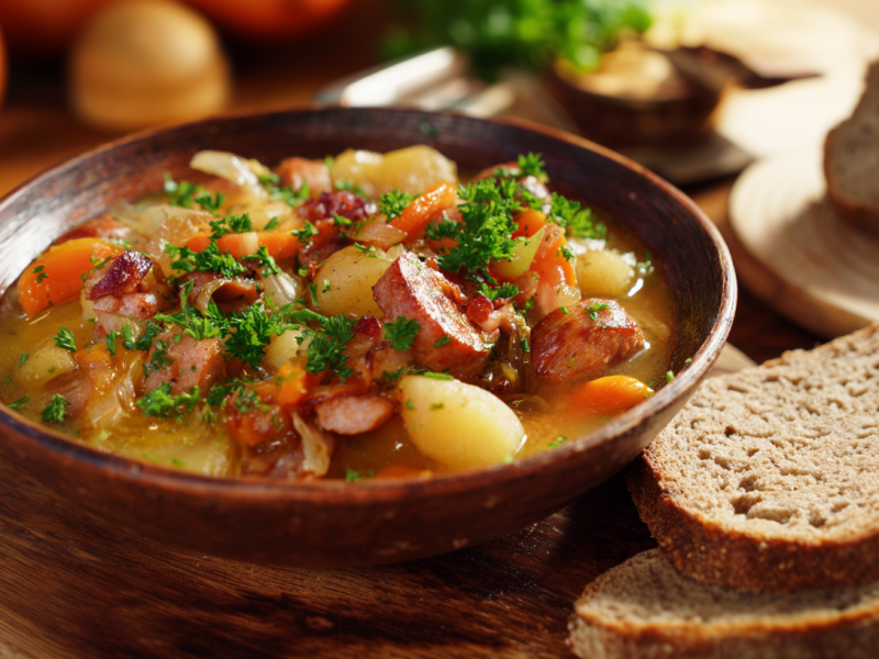 Eine Schüssel Dubble Coddle auf einem Holzuntersetzer. Neben der Schüssel liegen zwei Scheiben Brot. Im Hintergrund sieht man von links nach rechts Zwiebeln, frische Kräuter und mehr Brot.