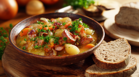 Eine Schüssel Dubble Coddle auf einem Holzuntersetzer. Neben der Schüssel liegen zwei Scheiben Brot. Im Hintergrund sieht man von links nach rechts Zwiebeln, frische Kräuter und mehr Brot.