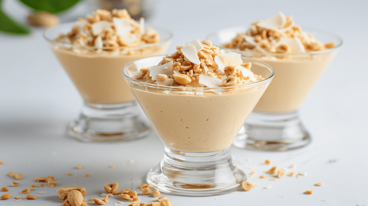 Drei Dessertgläser mit Erdnussbutter-Mousse auf einem weißen Tisch. Sie sind mit Erdnussbutter und weißer Schokolade garniert.