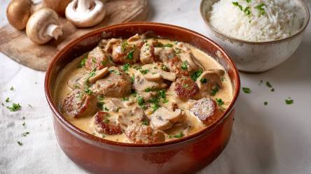 Filettopf mit Champignons und Schale Reis im Hintergrund