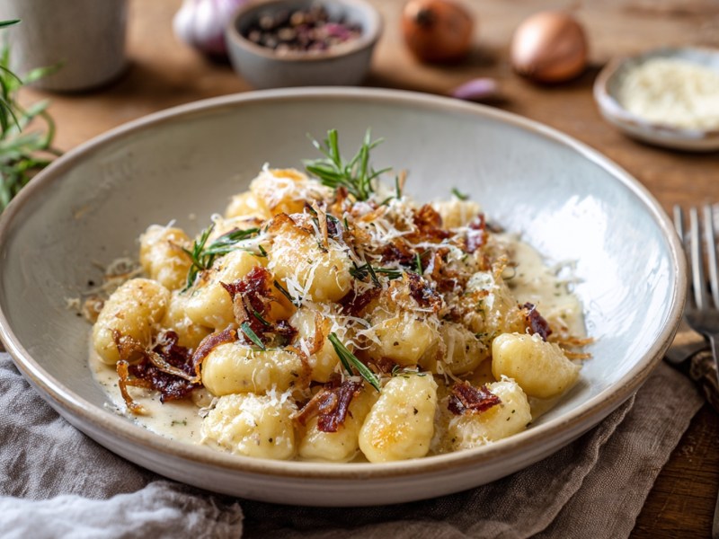 Ein Teller French Onion Gnocchi mit Prosciutto-Chips. Ringsum kann man frische Zutaten wie Zwiebeln, ein Stück Parmesan, ein Rosmarinstrauch, usw. sehen.