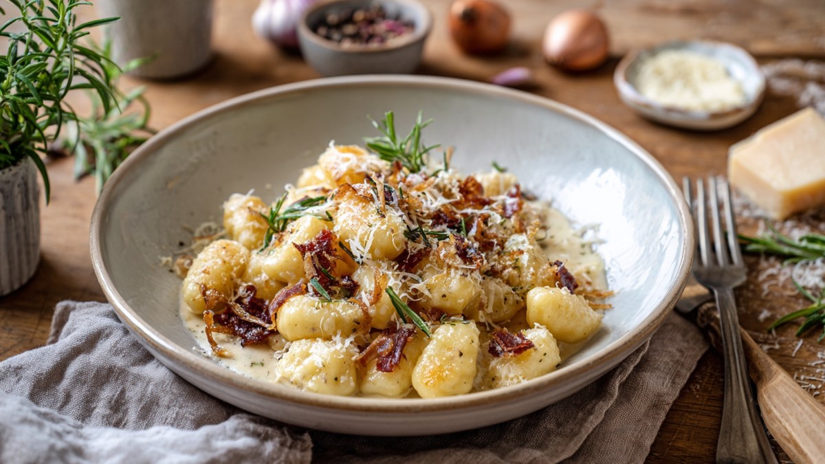 Ein Teller French Onion Gnocchi mit Prosciutto-Chips. Ringsum kann man frische Zutaten wie Zwiebeln, ein Stück Parmesan, ein Rosmarinstrauch, usw. sehen.