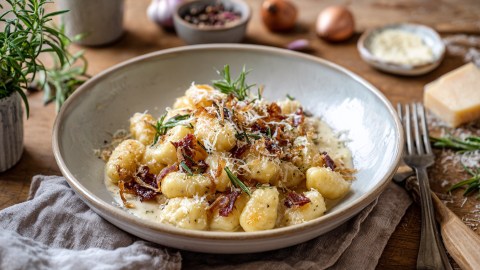 Ein Teller French Onion Gnocchi mit Prosciutto-Chips. Ringsum kann man frische Zutaten wie Zwiebeln, ein Stück Parmesan, ein Rosmarinstrauch, usw. sehen.