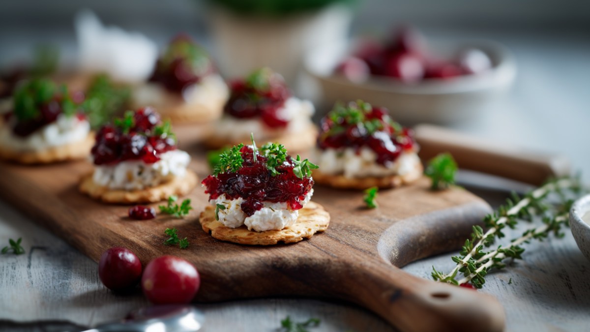 Ein Holzbrett mit einigen Frischkäse-Cranberry-Crackern. Ringsum kann man frische Kräuterzweige, einzelne Cranberrys sowie eine Schale mit frischen Cranberrys erkennen. Genauso ist ein Küchenutensil aus Holz im Hintergrund erahnbar.