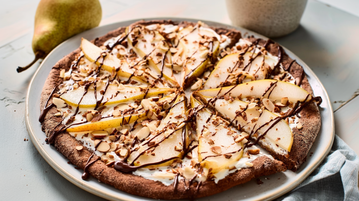 Ein großer Teller mit Frühstückspizza mit Birnen und Mandeln. Im Hintergrund liegen zwei Birnen als Dekoration.