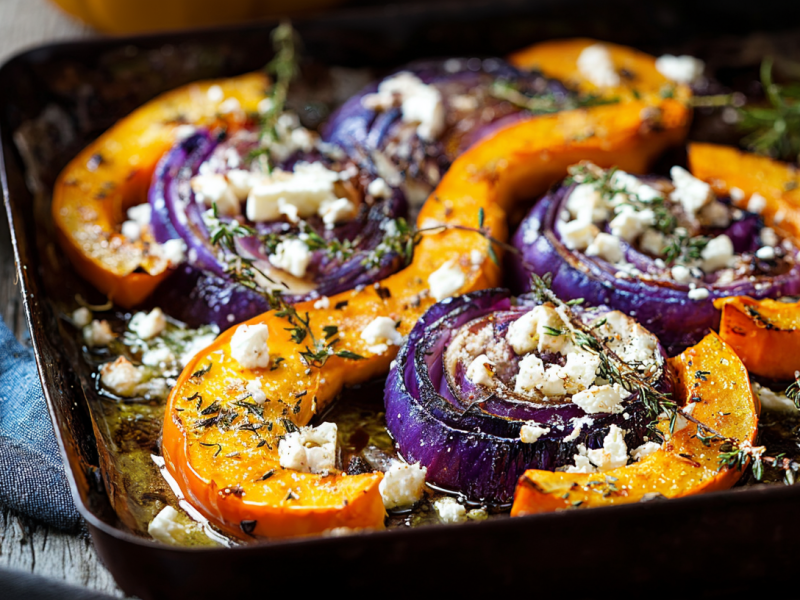 Ein Blech voller gebackener Rotkohl mit Kürbis und Feta. Eine Stoffdecke liegt daneben.