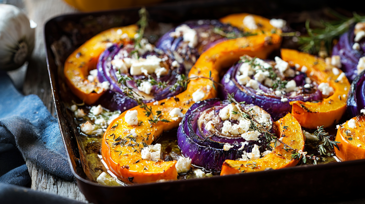 Ein Blech voller gebackener Rotkohl mit Kürbis und Feta. Eine Stoffdecke liegt daneben.