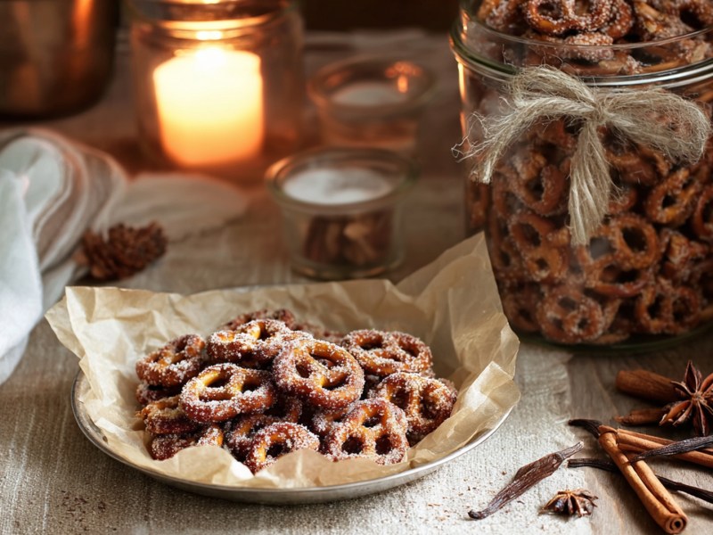 Ein Teller mit Backpapier, auf dem ein kleiner Haufen gebrannte Brezeln liegen. Im Hintergrund ist eine brennende Kerze zu sehen, genauso wie ein großes Glas mit vielen gebrannten Brezeln. Außerdem liegen Gewürze wie Nelken, Vanilleschoten und Zimtstangen herum.
