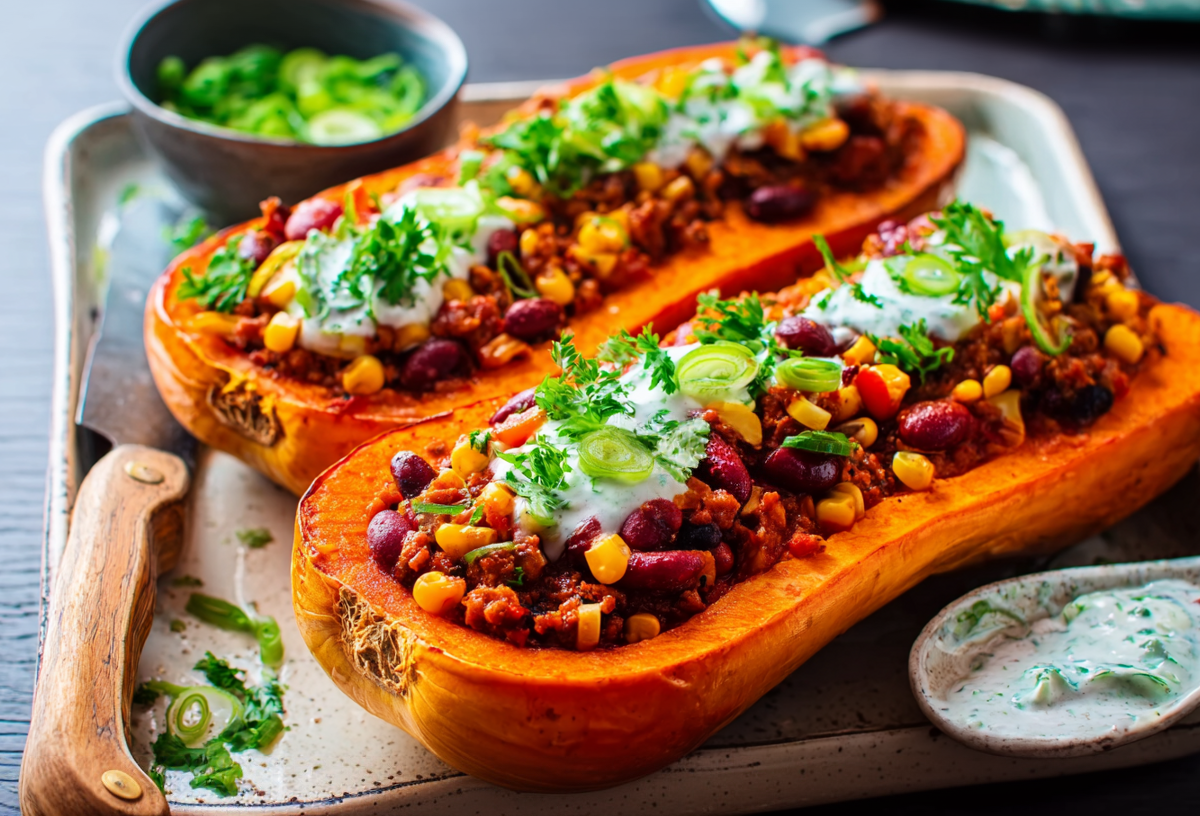 Ein Tablette mit zwei Hälften gefüllter Kürbis mit Chili con Carne. Daneben liegt ein Messer und davor ein Schälchen mit Schmand-Dip.