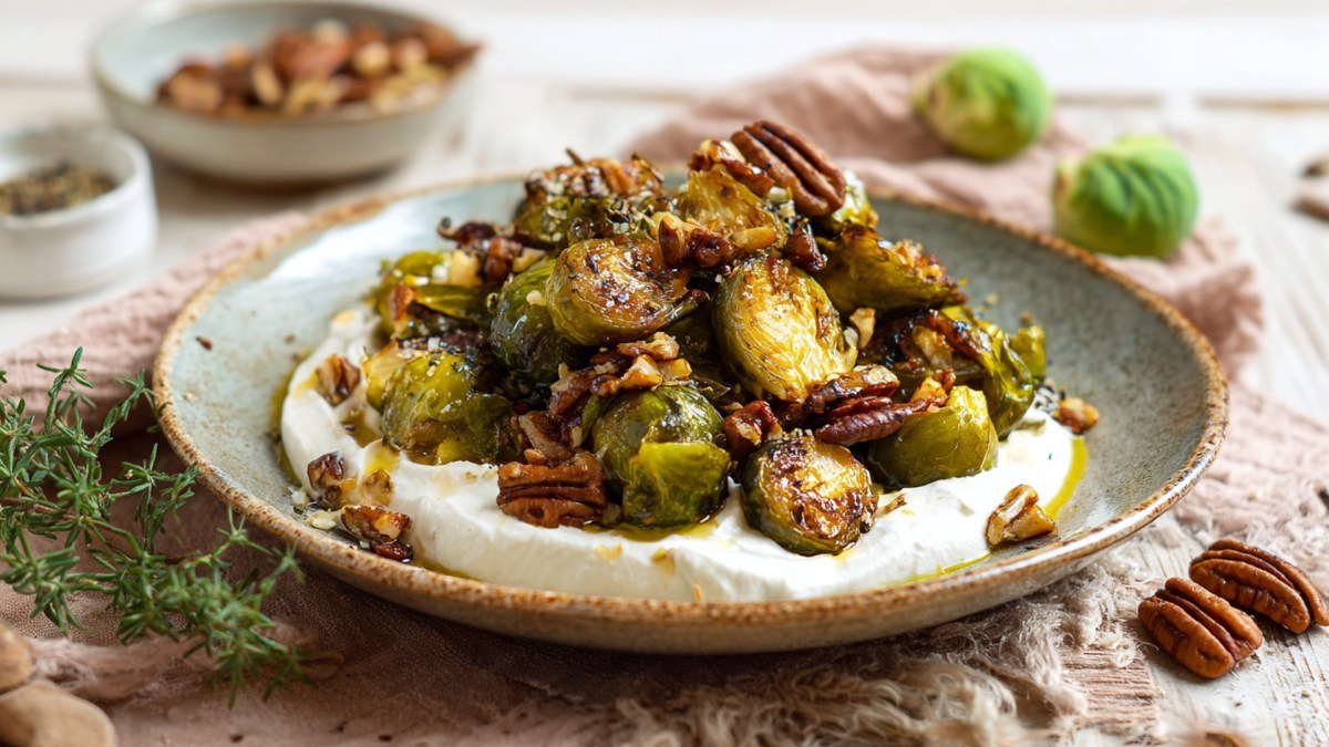 Ein Teller gerösteter Rosenkohl mit Whipped Feta.