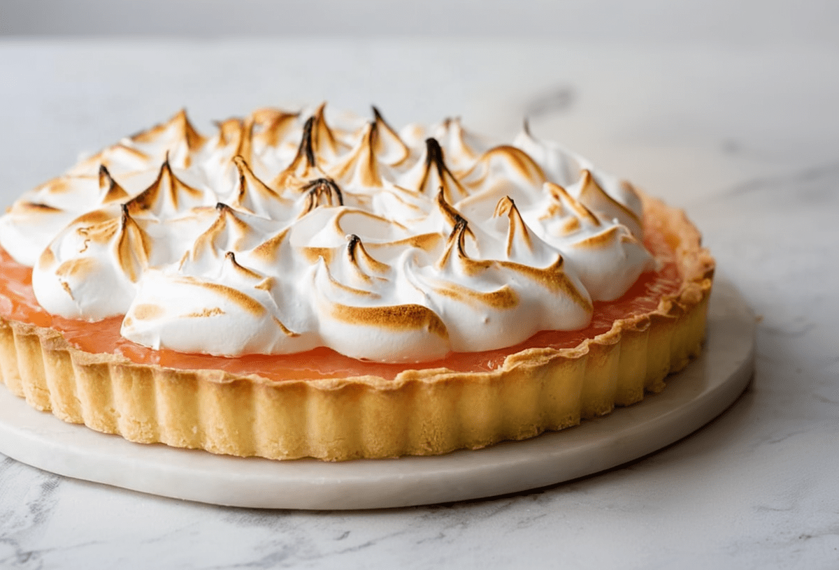 Ein großer Teller mit einer Grapefruit-Tarte mit Baiser.