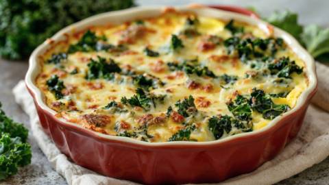 Grünkohl-Frischkäse-Auflauf auf einem Tisch