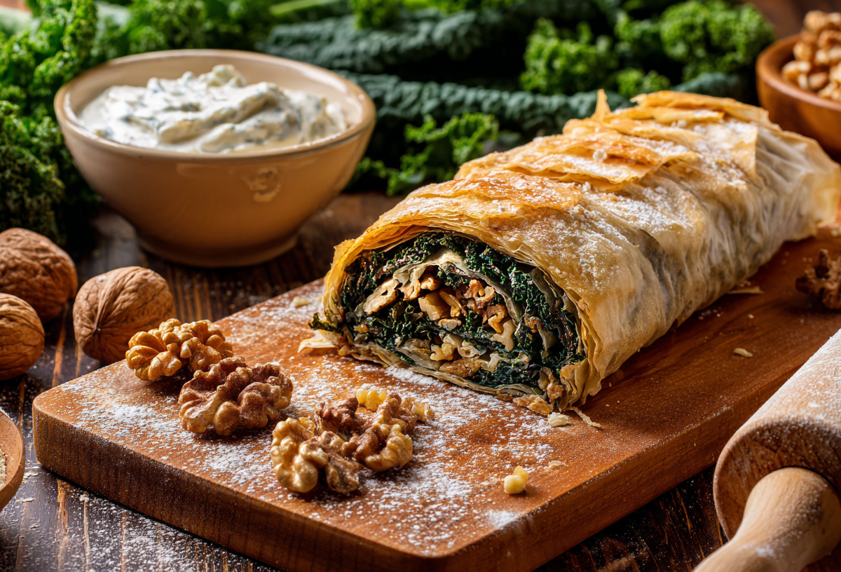 Grünkohlstrudel auf einem Brett. Walnüsse liegen als Deko mit auf dem Brett.