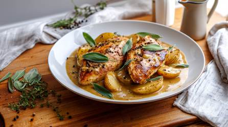 Hähnchen in Apfelsoße auf einem weißen Teller. Der Teller steht auf einem Holztisch. Links daneben liegen frische Kräuter. Im Hintergrund und rechts liegt ein Tuch.