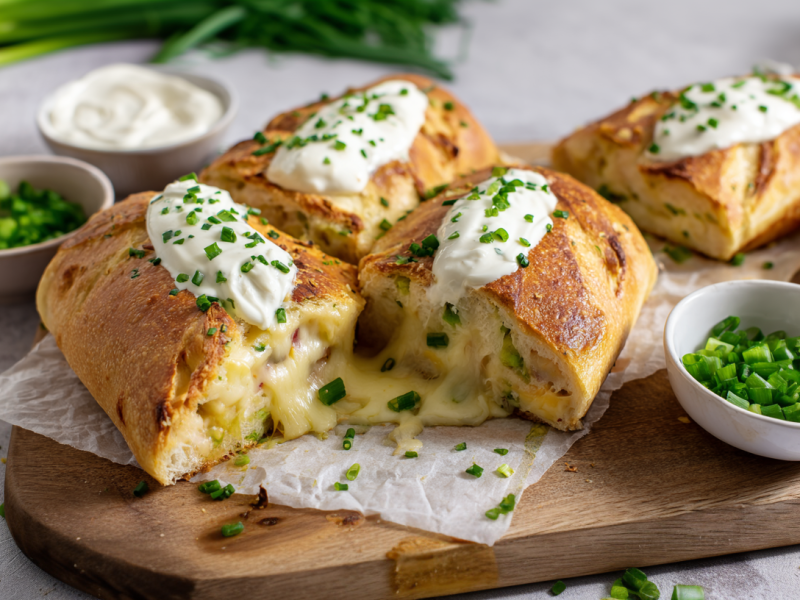 Ein zurechtgeschnittenes Handbrot liegt auf einem Holzbrett. Es ist mit Schmandsoße und Frühlingszwiebeln garniert.