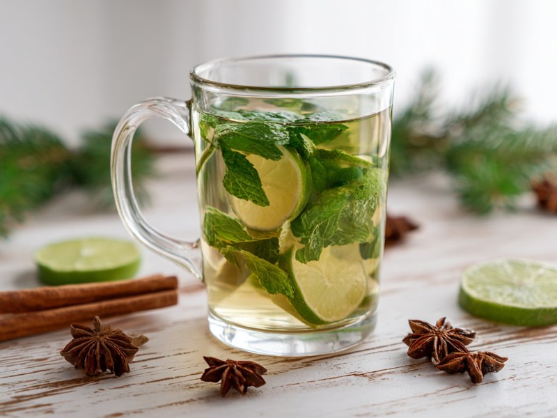 Eine Tasse Hot-Mojito-Punsch, daneben Gewürze und Limetten.