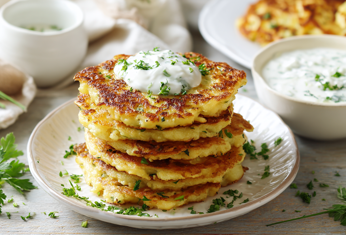 Ein Stapel Kartoffel-Käse-Pancakes auf einem weißen Teller. Sie sind mit einem Joghurt-Kräuter-Dip angerichtet. Im Hintergrund sieht man weitere Schalen mit Kräutern und noch einen Teller mit den Pancakes.