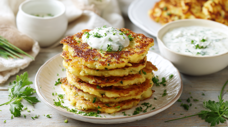 Ein Stapel Kartoffel-Käse-Pancakes auf einem weißen Teller. Sie sind mit einem Joghurt-Kräuter-Dip angerichtet. Im Hintergrund sieht man weitere Schalen mit Kräutern und noch einen Teller mit den Pancakes.
