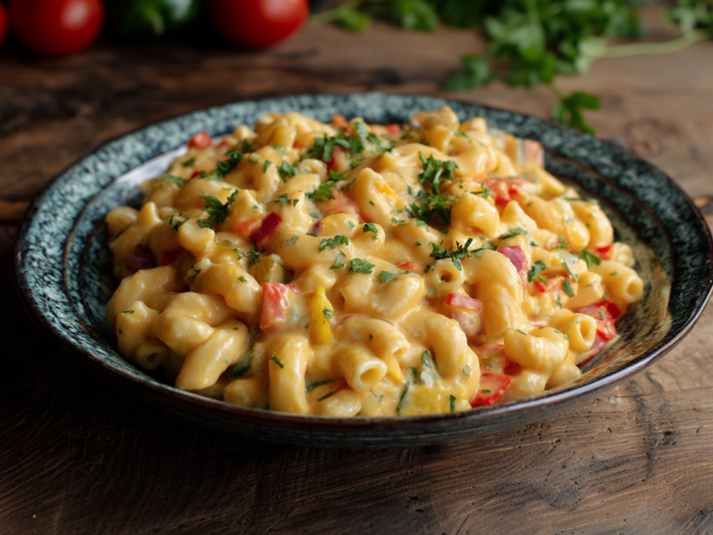 Ein Teller mit Käse-Gemüse-Makkaroni auf einem Holztisch. Im Hintergrund sind Tomaten und frische Kräuter zu sehen.