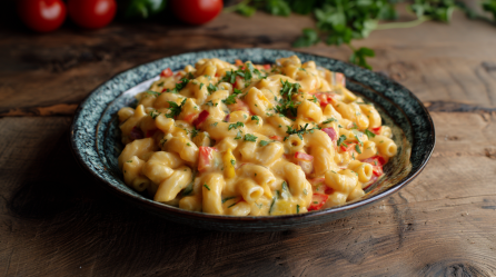 Ein Teller mit Käse-Gemüse-Makkaroni auf einem Holztisch. Im Hintergrund sind Tomaten und frische Kräuter zu sehen.