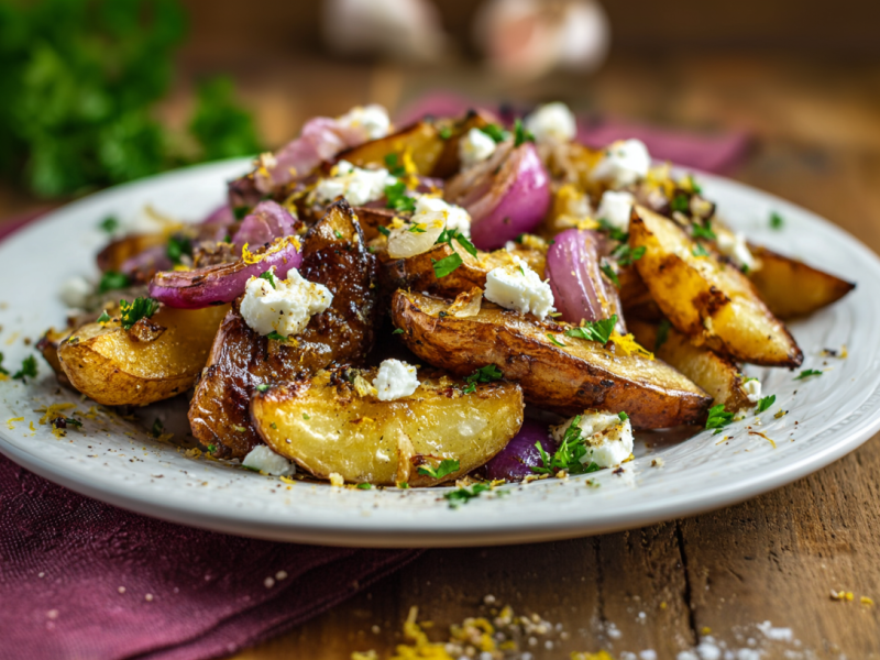 Eine Teller mit Knoblauch-Feta-Kartoffeln auf einem Holztisch.