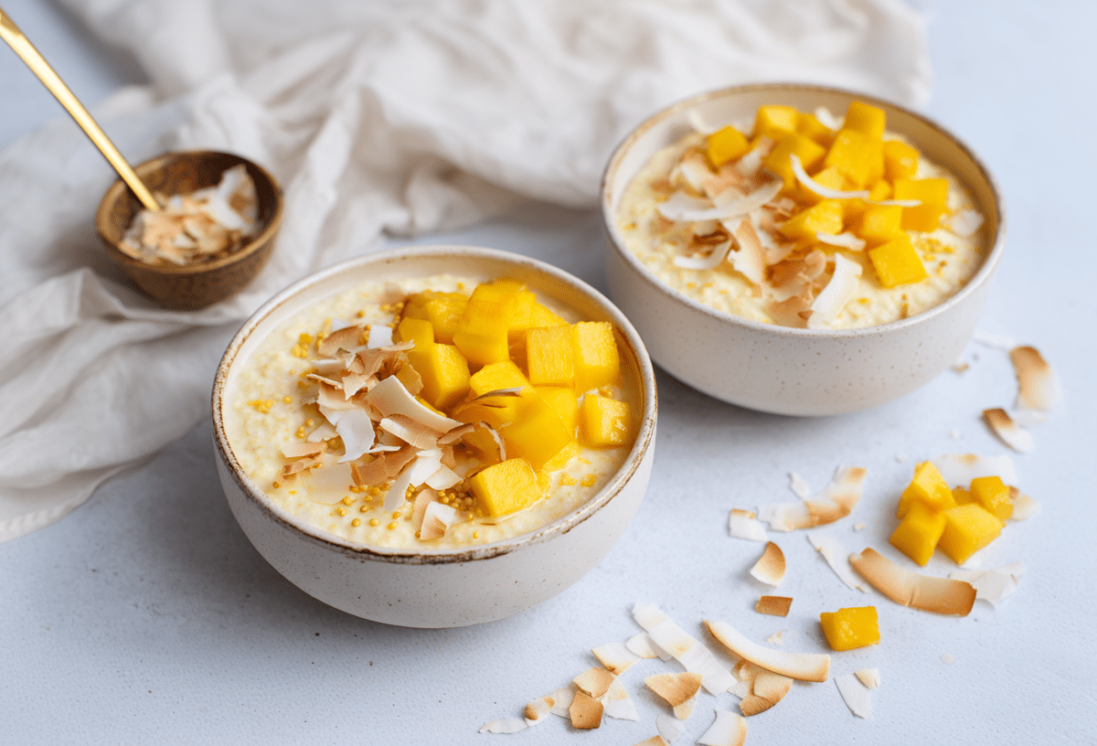 Zwei Schüssel Kokos-Mano-Porridge auf einer grauen Unterlage. Vor ihnen liegen mehrere Kokosraspeln sowie einige Mangowürfel.