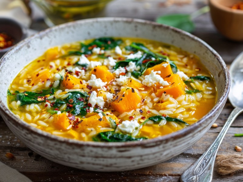 Eine Schüssel mit Kürbis-Feta-Orzo mit Spinat. Daneben liegt ein alter Silberlöffel. Ringsum sind kleine Schale mit Gewürzen zu erkennen.