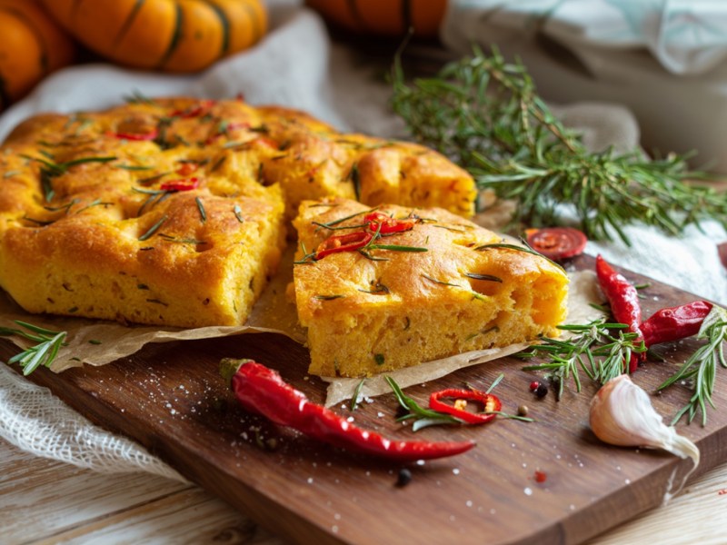 Ein angeschnittenes Kürbis-Focaccia, das mit Rosmarinnadeln, Chili und Fleur de Sel garniert ist. Ringsum liegen frische rote Chilischoten, Knoblauchzehen und frische Rosmarinzweige. Im Hintergrund sind Kürbisse zu erkennen.