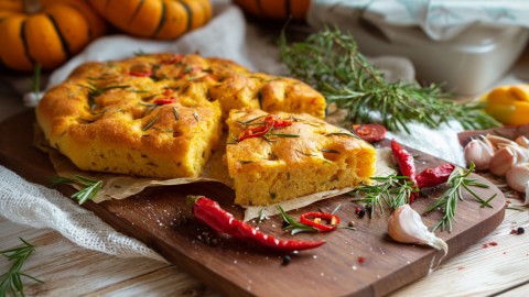 Ein angeschnittenes Kürbis-Focaccia, das mit Rosmarinnadeln, Chili und Fleur de Sel garniert ist. Ringsum liegen frische rote Chilischoten, Knoblauchzehen und frische Rosmarinzweige. Im Hintergrund sind Kürbisse zu erkennen.