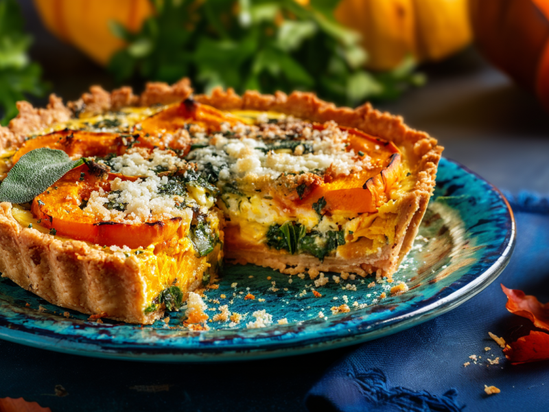 Ein Teller mit einer angeschnittenen Kürbis-Salbei-Quiche. Der Teller steht auf einer blauen Decke, Herbstlaub liegt daneben.