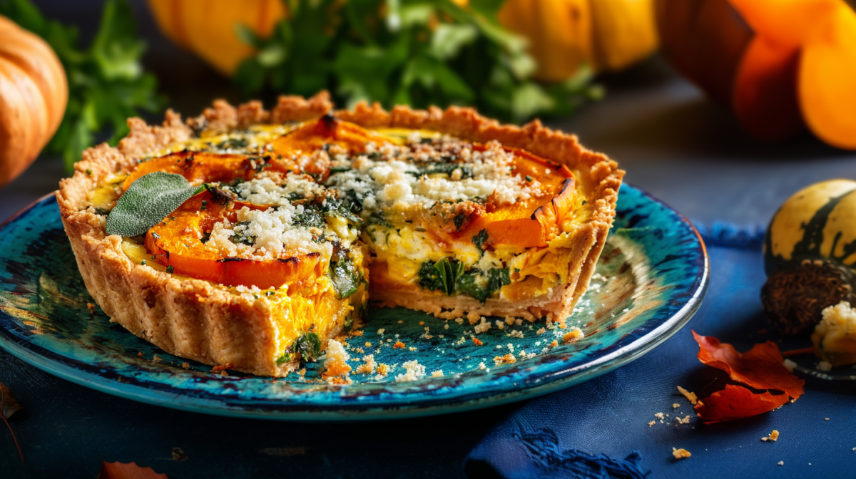 Ein Teller mit einer angeschnittenen Kürbis-Salbei-Quiche. Der Teller steht auf einer blauen Decke, Herbstlaub liegt daneben.
