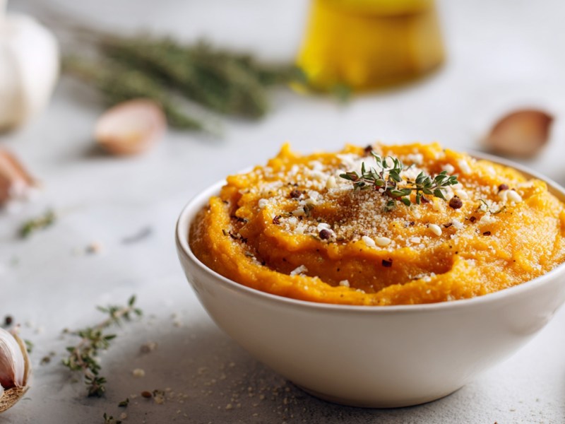 Eine Schüssel Kürbispüree mit geröstetem Knoblauch. Ringsum und im Hintergrund kann man Knoblauchknollen und -zehen sowie Thymianzweige und eine Glasflasche mit Olivenöl erkennen.
