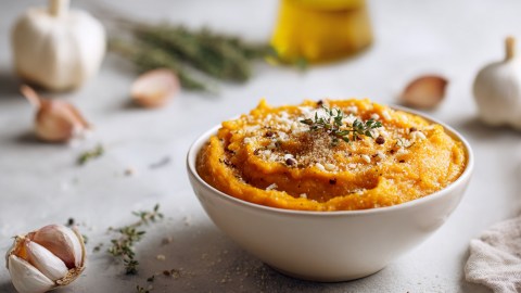 Eine Schüssel Kürbispüree mit geröstetem Knoblauch. Ringsum und im Hintergrund kann man Knoblauchknollen und -zehen sowie Thymianzweige und eine Glasflasche mit Olivenöl erkennen.