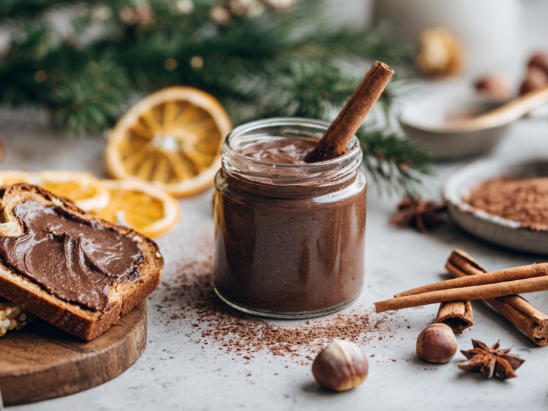 Ein Glas Lebkuchen-Aufstrich mit einer Zimtstange zum Umrühren drin. Neben dem Glas steht ein Brett mit einigen Schreiben Brot, die mit dem Aufstrich bestrichen sind. Ansonsten liegen Zimtstangen, Sternanis und Haselnüsse herum. Auch eine Schale mit Kakaopulver ist zu sehen.