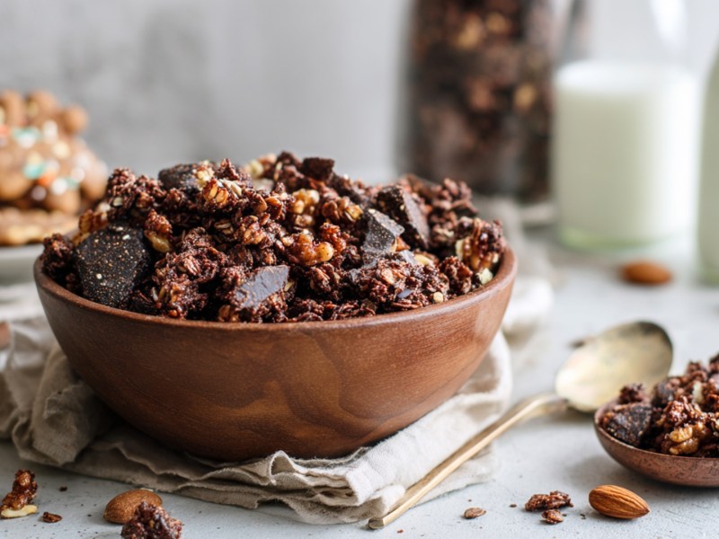 Eine Holzschüssel mit Lebkuchen-Granola. Daneben liegt ein Silberlöffel. Im Hintergrund kann man verschwommen einen Teller mit Lebkuchen sowie ein Glas mit Granola und Milchflaschen erkennen.
