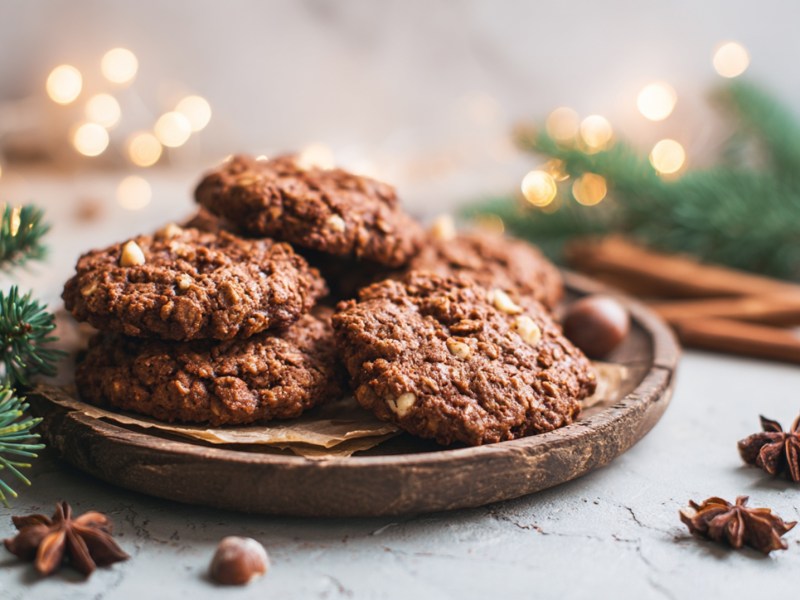 Ein Teller mit Lebkuchen-Haferflockenkeksen. Das Setting ist weihnachtlich mit Tannenzweigen, Zimtstangen, Sternanis und Lichterketten im Hintergrund und um den Teller.