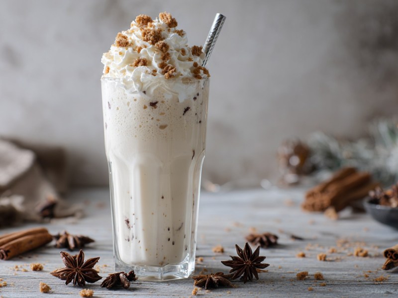 Ein Glas Lebkuchen-Milchshake, garniert mit Lebkuchen.