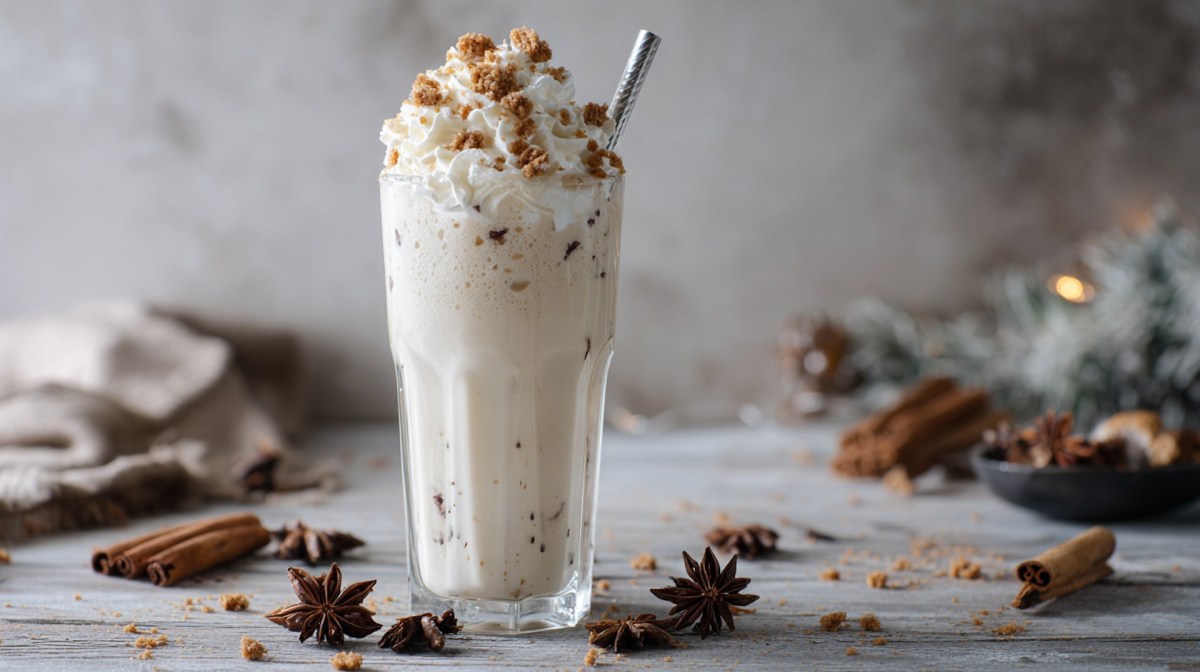 Ein Glas Lebkuchen-Milchshake, garniert mit Lebkuchen.