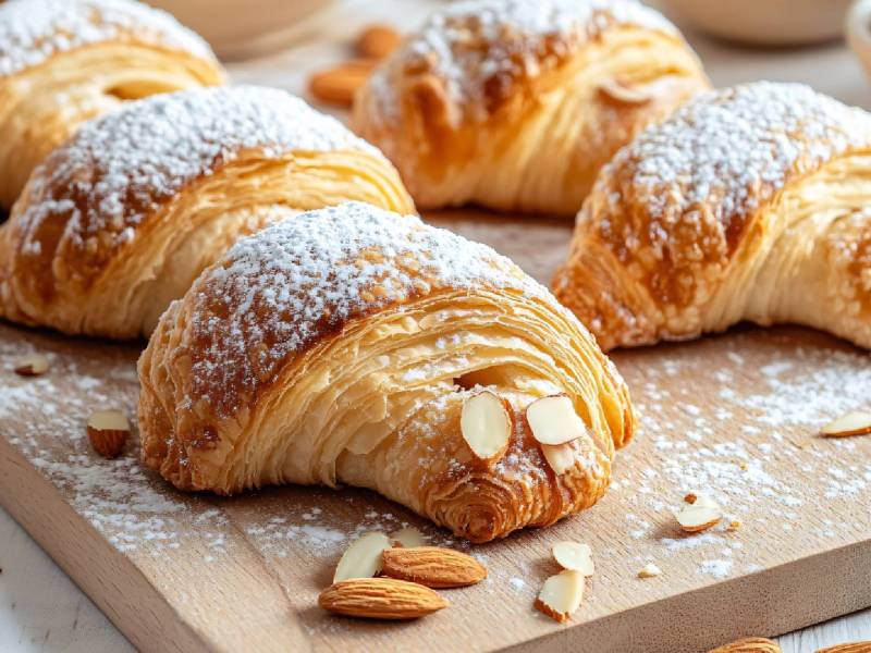 Mehrere Mandel-Croissants auf einem Brett
