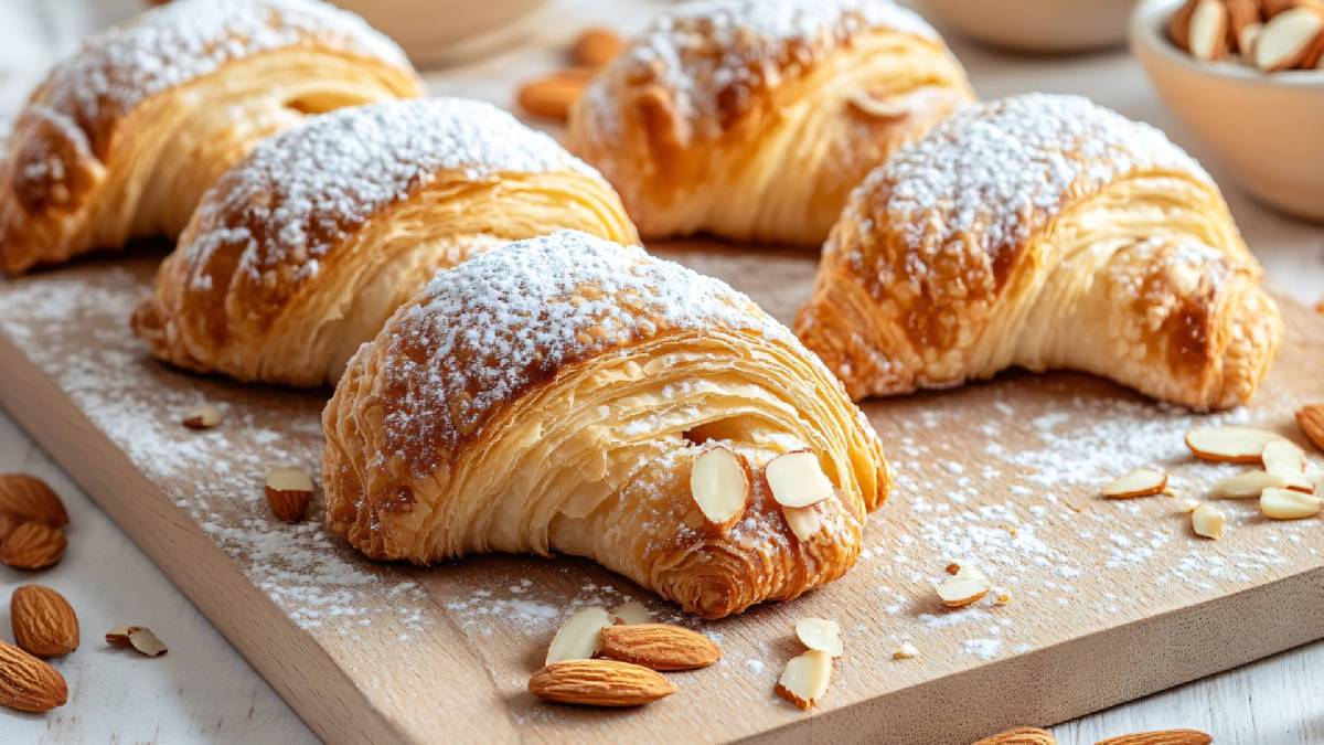 Mehrere Mandel-Croissants auf einem Brett