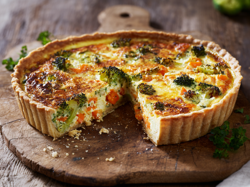 Eine Möhren-Brokkoli-Quiche auf einem rustikalen Holzbrett. Rechts neben ihr sieht man eine weitere Quiche.