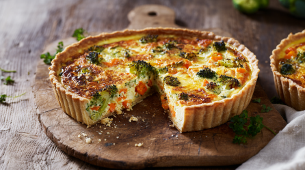 Eine Möhren-Brokkoli-Quiche auf einem rustikalen Holzbrett. Rechts neben ihr sieht man eine weitere Quiche.